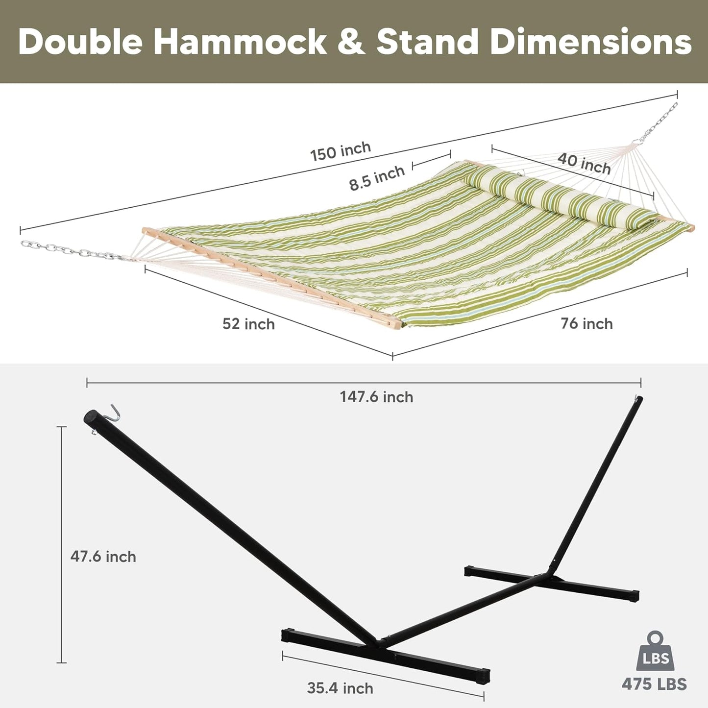 SUNCREAT Cotton Rope Hammock for Two People with Hardwood Spreader Bars, Quilted Fabric Pad & Detachable Pillow, Extra Large Hammock with 12 FT Steel Stand, Ipad Bag & Cup Holder, Green&Beige