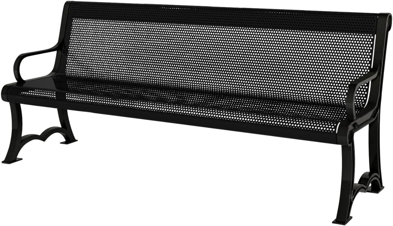 Coated Outdoor Furniture Heavy-Duty Outdoor Bench Thermoplastic Coated, Punched Steel, Commercial-Grade Garden Bench, Made in America (Portable with Back, 4 Ft, Textured Black)