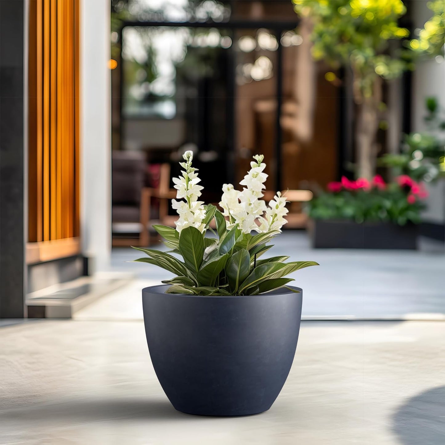 Kante 17.3 Inch Round Concrete Planter - Classic Large Indoor/Outdoor Plant Pot with Drainage Hole and Rubber Plug, Suitable for Gardens and Patios, Charcoal Finish with Forest Green Interior