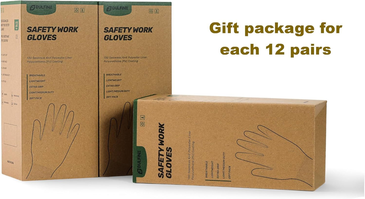 DULFINE Safety Work Gloves PU Coated for Men and Women-12 Pairs,Black Seamless Knit Glove with Two Fingers Touchscreen,Ideal for General Duty Work (Large)