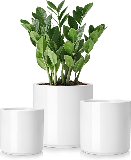 vancasso Ceramic Plant Pots, 4.25+5.25+6.25 Inch Planter Pot with Drainage Hole, Flower Pots for Indoor Outdoor Plants, Set of 3, White