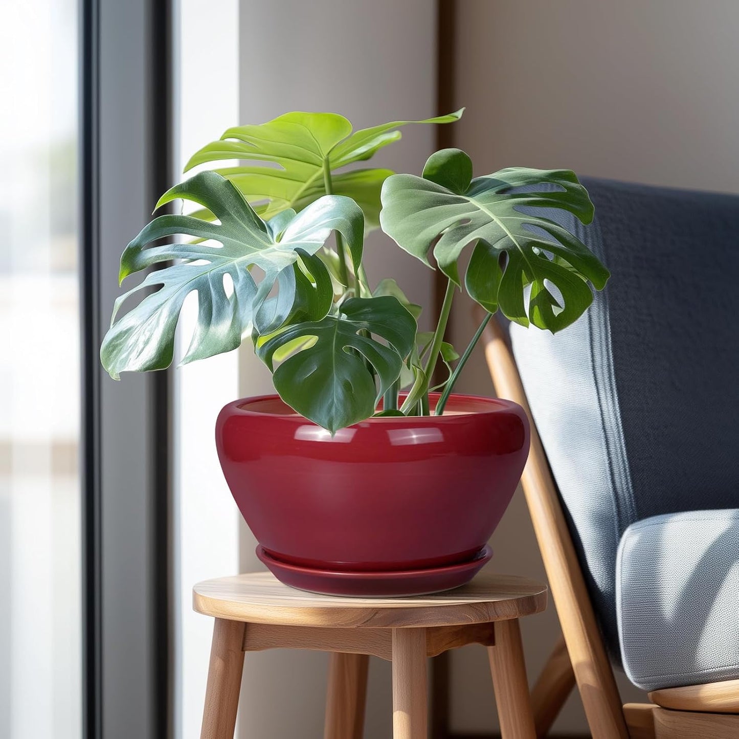 Ceramic Planter - 11 Inch Planter for Outdoor Plants Large Plant Pot Indoor with Drainage Hole and Saucer Round Modern Flower Pot Mid-Century Room Decor Red