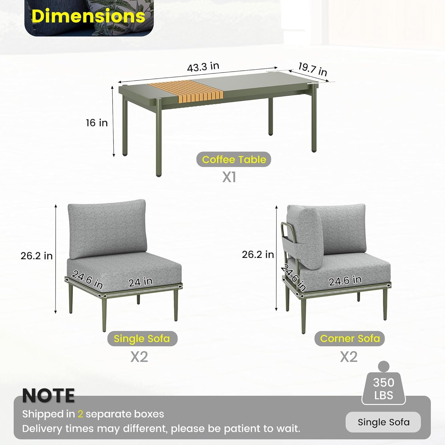 Sundale Outdoor 5 Pieces Metal Patio Furniture Set, Outdoor Sectional Sofa w/6 Inch Olefin Cushion and Coffee Table, Modern Outdoor Conversation Sets