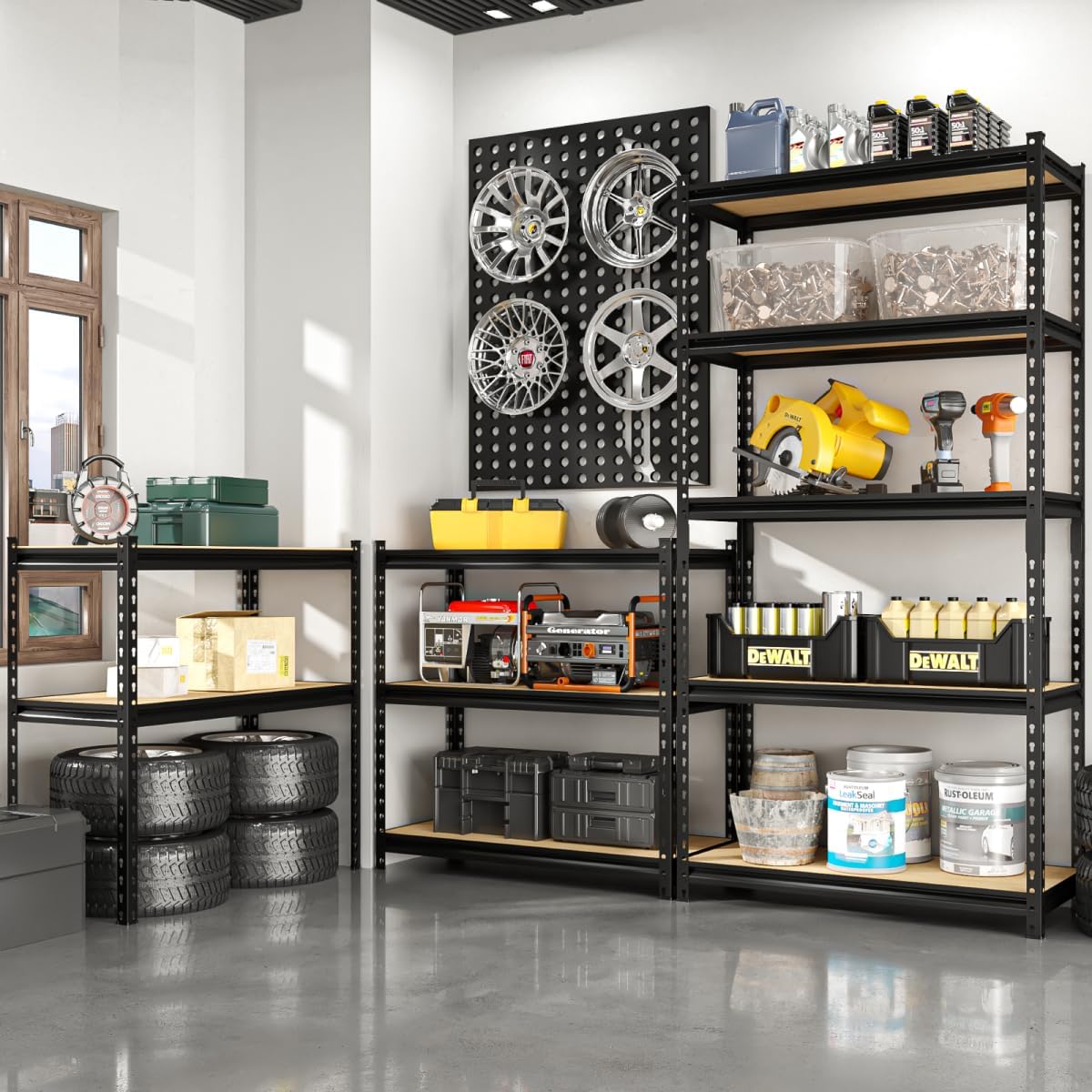 5-Tier Adjustable Metal Storage Shelves, Heavy Duty Garage Shelving 60" H x 28" W x 12" D, Shelving Unit Rack for Kitchen, Classroom, Dormitory, Basement & Warehouse (Black)