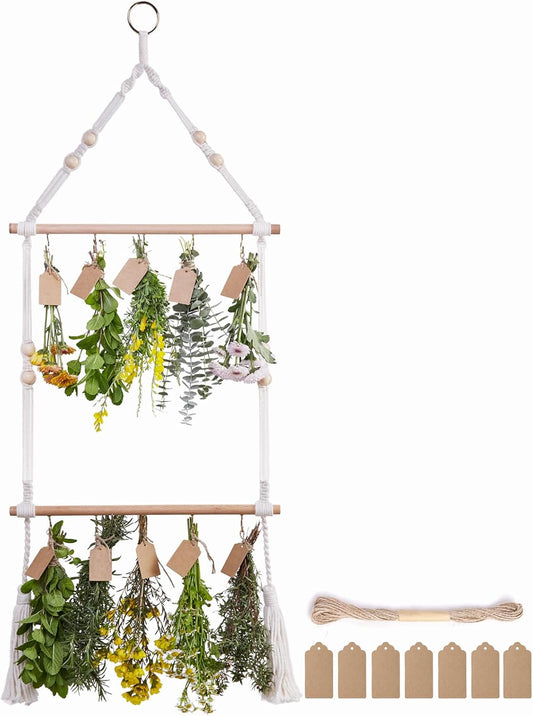 2Tier Herb Drying Rack Flower Drying with 25PCS Brown Gift Tags and 32ft Natural Jute Twine herb Dryer,Herb Drying Rack,Hanging Herb Dryer Rack, Ivory