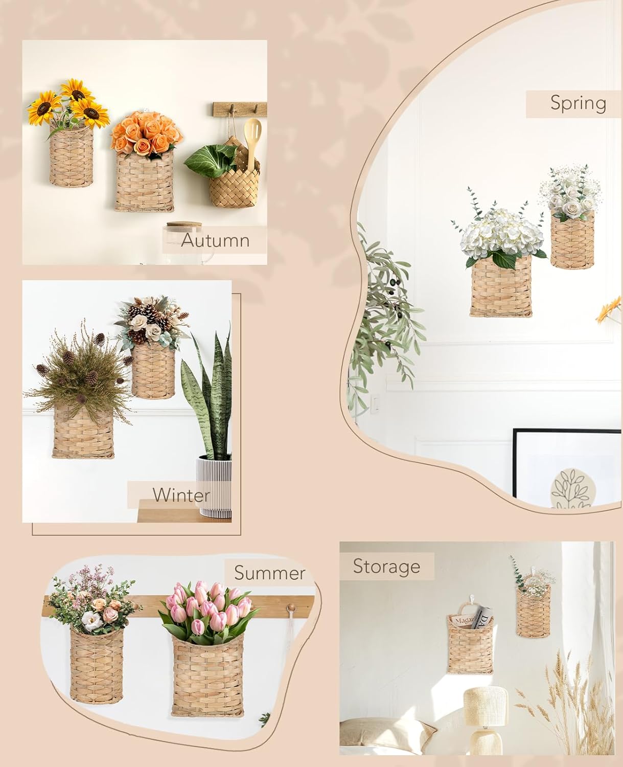 AceList Woven Hanging Basket for Front Door Set of 2, Handmade Water Hyacinth Hanging Wall Basket, Natural Wicker Storage Bins with Handles, Decorative Boho Organizer for Home Farmhouse Decor