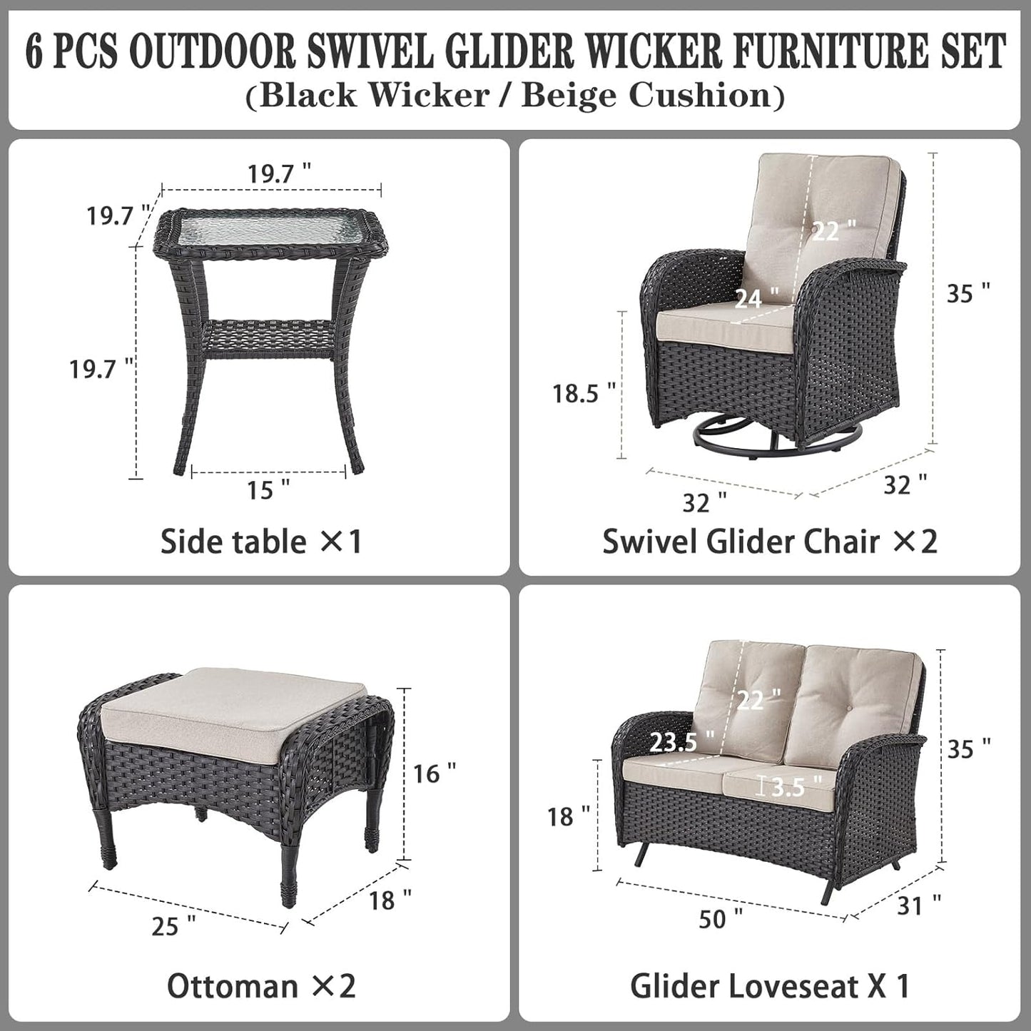 6 Pieces Wicker Patio Conversation Sets with Outdoor Swivel Rocker Chairs and Loveseat Glider Chair, All-Weather Rattan Furniture Set for Deck Patio Sunroom Backyard Black