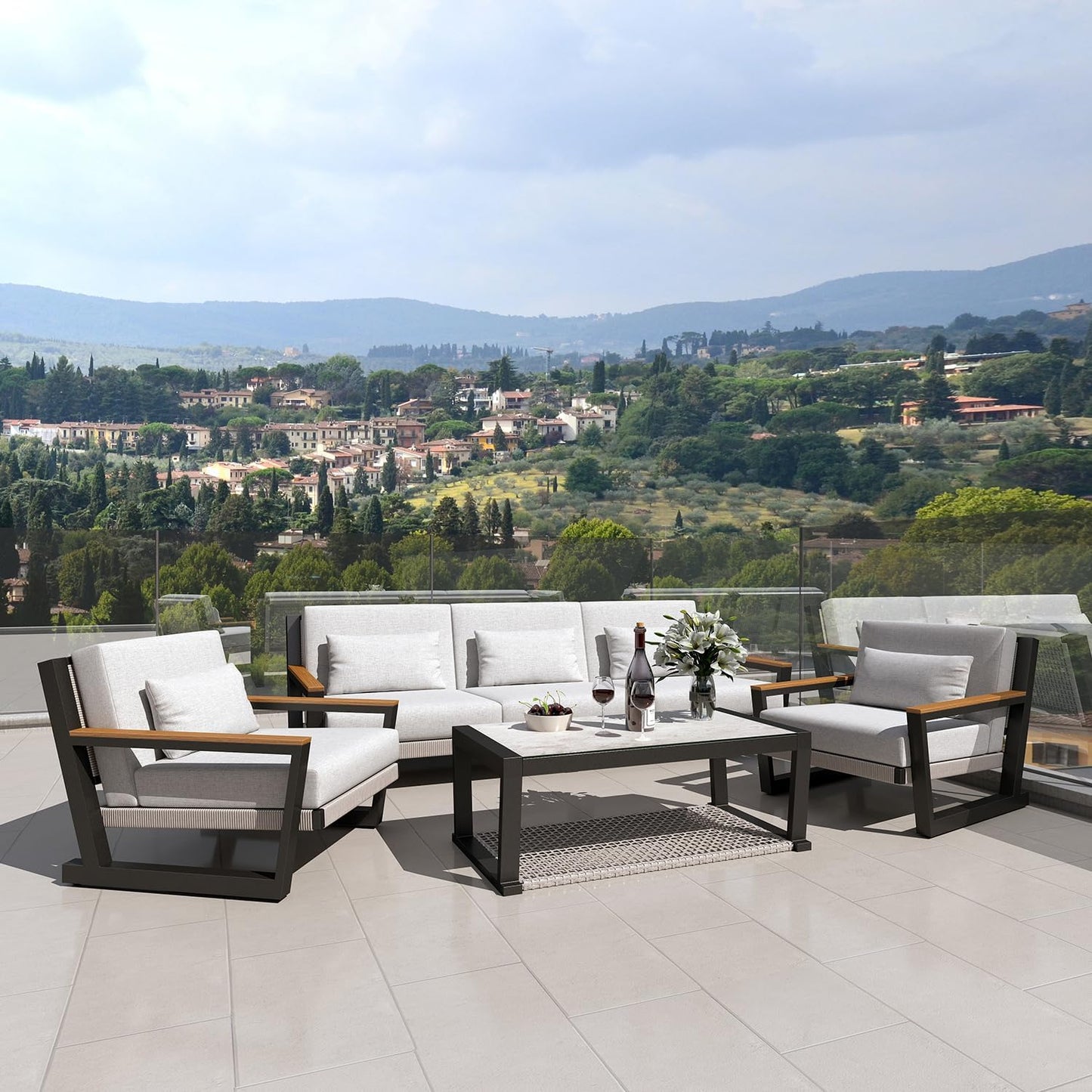 Aluminum Outdoor Patio Furniture Set 5 Seat, Patio Conversation Set with Durable Mesh Rope Weaving, Wide Armrests and Seats, Metal Sofa Set for Patio Grey