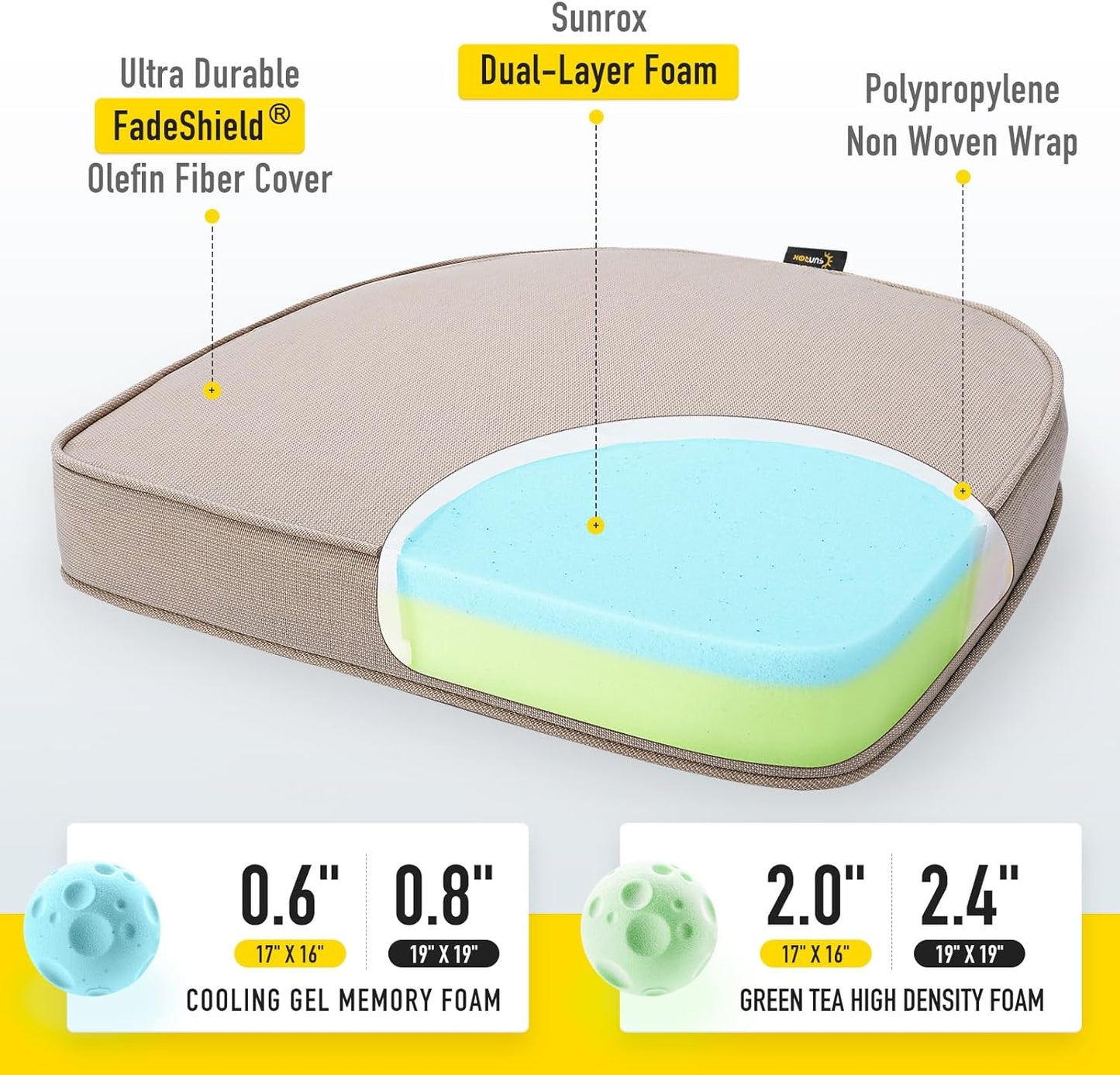 SUNROX Gel Memory Foam Chair Cushions, FadeShield Water-, Stain-Resistant Durable Reversible Seat Cushion Pads with Ties for Indoor/Outdoor Kitchen Dining Office 17"x16" Set of 2, Husk Birch