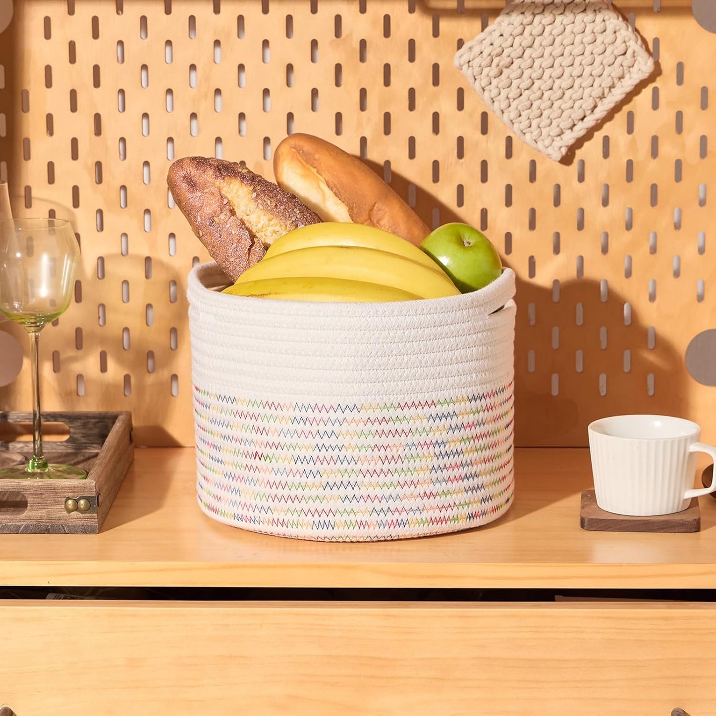 Small Basket for Organizing | Cube Shelf Closet Storage Baskets | 9.7×9.7×7.1” | Woven Rope Gift Basket | Nursery | Round 3 Packs Rainbow