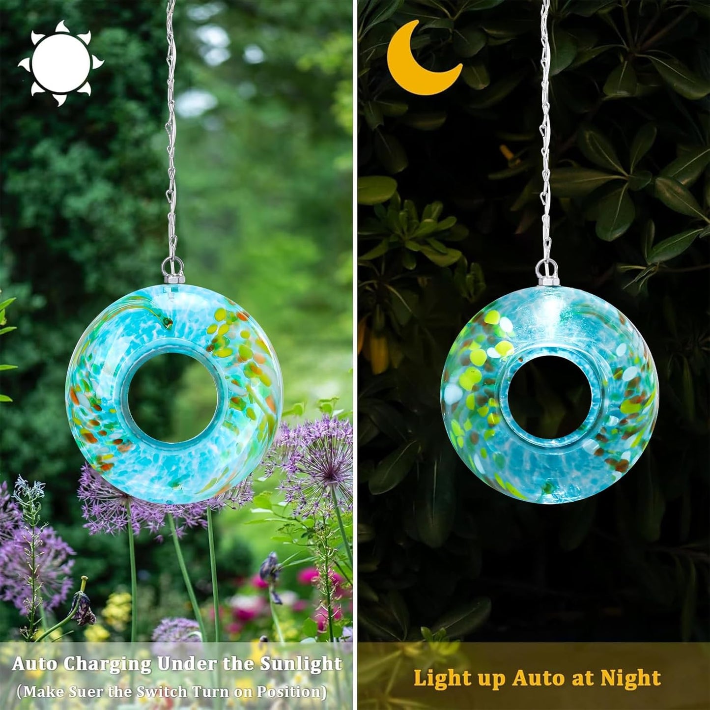 Yinns Bird Feeder - Fly Through Bird Feeders for Outside Hanging with Round Shape Glass Container, Solar Birdsfeeder for Yard Garden Decor, 8-Inch