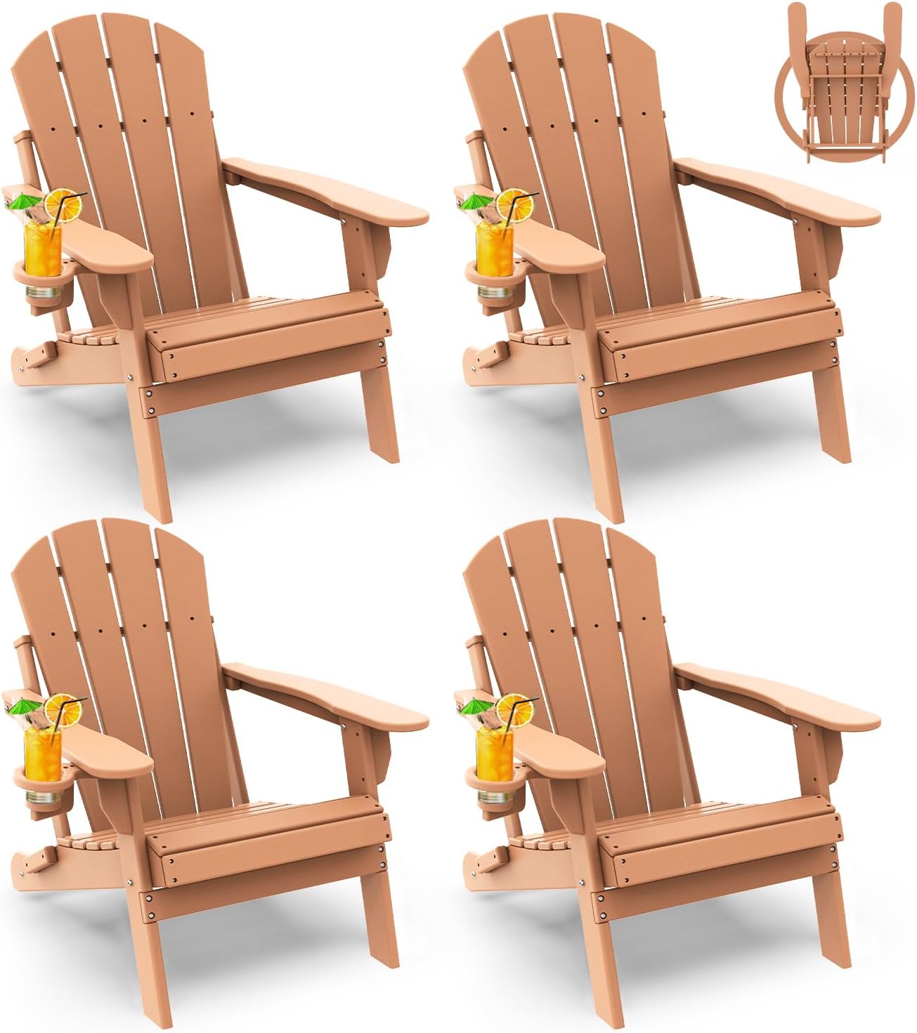 GREENVINES Folding-Adirondack-Chairs-Set-of-4 | HDPE Plastic | Fire Pit Chair | All Weather | Cup Holder | Teak | for Deck Backyard Patio Outdoor Garden