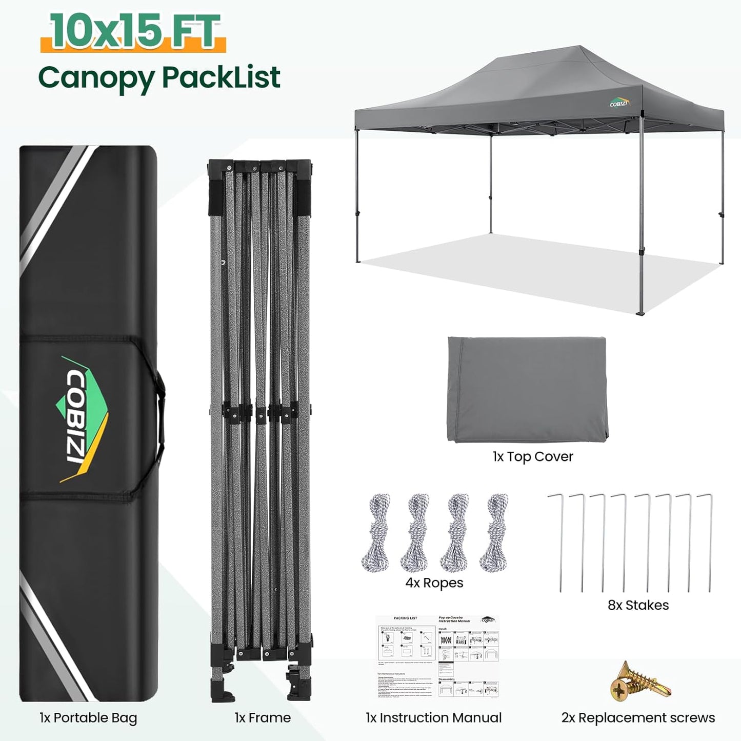 COBIZI 10x15 FT Pop up Canopy Tent,Heavy Duty Easy Up Commercial Outdoor Party Canopy Tents for Wedding Parties All Season Wind & Waterproof Gazebo with Carry Bag,Gray(Frame Thickened)