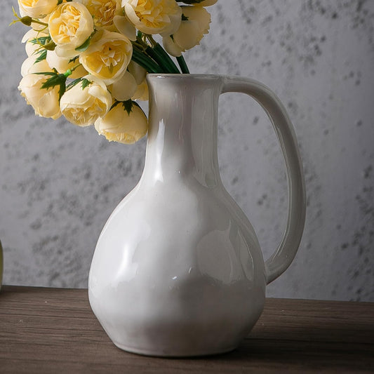 White Ceramic Vase with Big Handles, Modern Farmhouse Decor, Rustic Pottery for Flowers, Decorative Terracotta Centerpiece for Dining Table