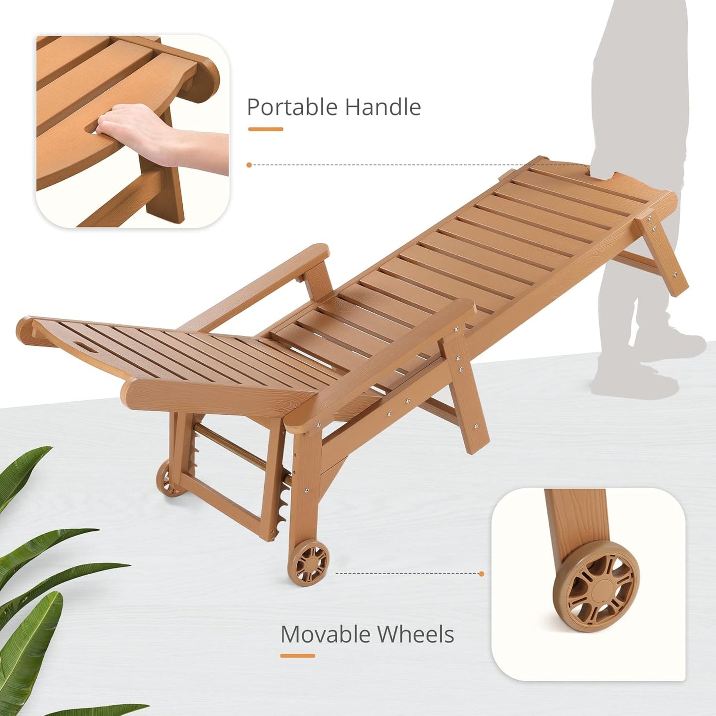 LUE BONA Chaise Lounge Chairs Set with Table, 3-Piece, HDPS Chaise Lounger, 5 Positions Adjustable Lounge Chairs, Pool Lounge Chair with Wheels for Poolside, 3 Year Warranty, Teak Color