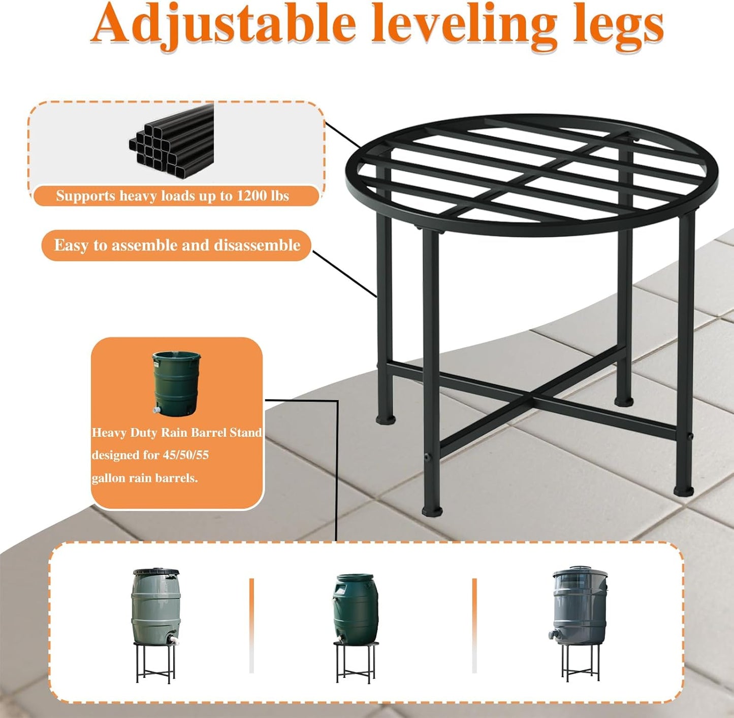 Stainless Steel Rain Barrel Stand - Heavy Duty Water Collection Base for 45/50/55 Gallon Plastic Barrels, Outdoor Weatherproof & Rust-Proof Design with 1200lb Capacity