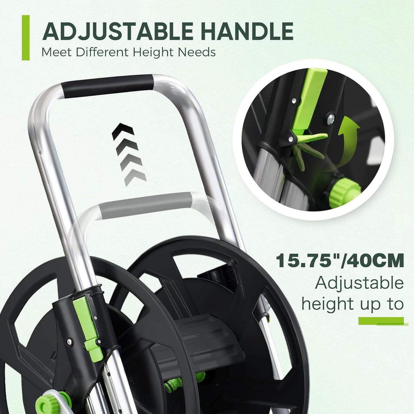 Garden Hose Reel Cart, Holds 75-150 Feet of 5/8-Inch Hose, Portable Hose Reel Cart With Wheels,Adjustable Handrail, Quick Hose Connector