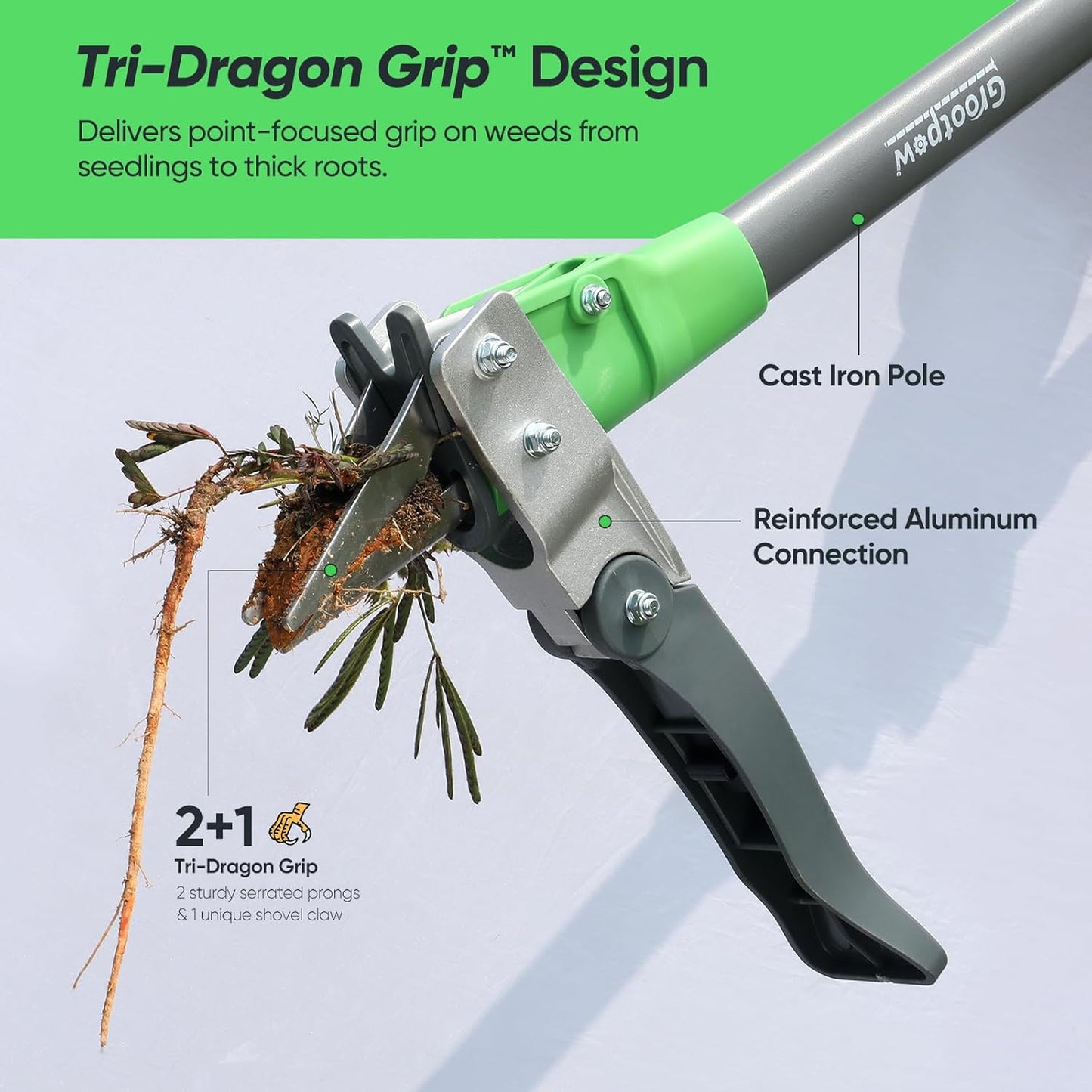 Grootpow WP5 Heavy Duty Weed Puller Tool, Stand Up Dandelion Weeder with 40" Handle, 3 Claws & Fiberglass Foot Pedal, Weeding Tool Made with Cast-Iron, Easily Remove Weeds Without Bending or Kneeling