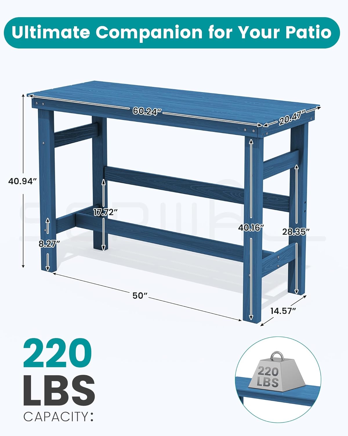 SERWALL 41" Outdoor Bar Table, HDPE Patio Bar Counter Height Table, All Weather Adirondack Outdoor Bar Height Table, Rectangle Patio Bar Table for Outside, Garden, Backyard, Balcony, Poolside, Blue