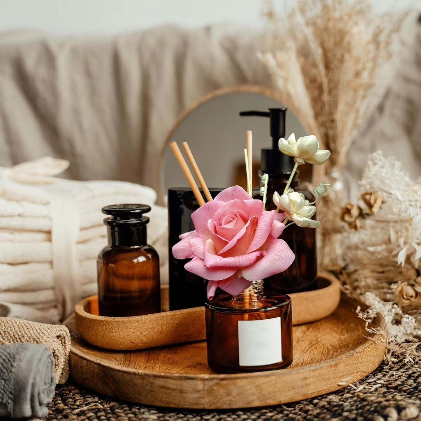 Artificial flower real touch roses feel and look realistic fake roses with short stems, suitable for gift, for wife girlfriend mom friends, Indoor home table，cake, hotel, car decoration (pink)