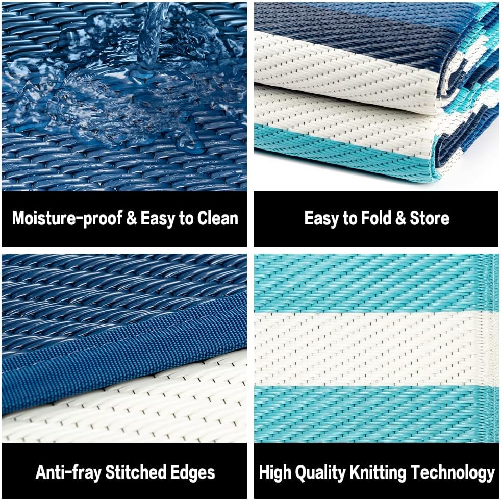 Outdoor Waterproof Rug 8'x10' Plastic Straw Rugs Washable Reversible Floor Mat Blue Stripe Carpet for Camping RV Deck Entryance Porch Picnic Balcony Beach Backyard