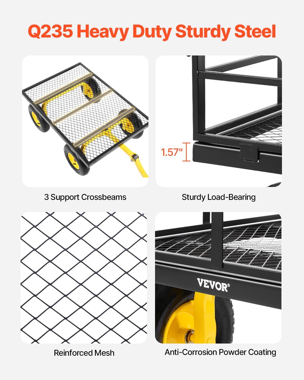 VEVOR 1400 Lbs Steel Garden Cart, Heavy Duty Pullable Garden Wagon Yard Cart, 2 in 1 Outdoor Metal Utility Wagon Yard Trailer with 13" All Terrain Tires, Mesh Removable Sides and 180°Rotating Handle