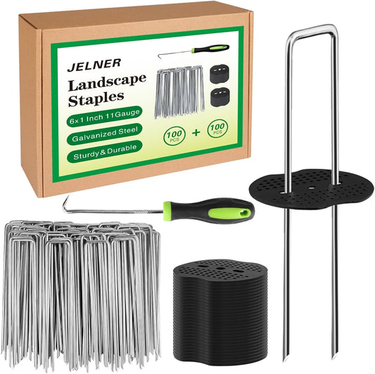 Garden Stakes,6 Inch 11 Gauge 100pcs Galvanized Landscape Staples + 100pcs Gaskets + 1Pick Hook, Tent Stakes Landscaping Fabric SOD Pins for Weed Fabric Barrier,Groud Cover,Fence