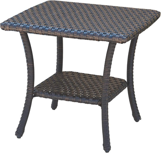 Patio Tables Outdoor Coffee Table - Wicker Rattan Side Tables with 2-Tier Storage Shelf End Table for Porch Deck Balcony Garden Outside Square Brown