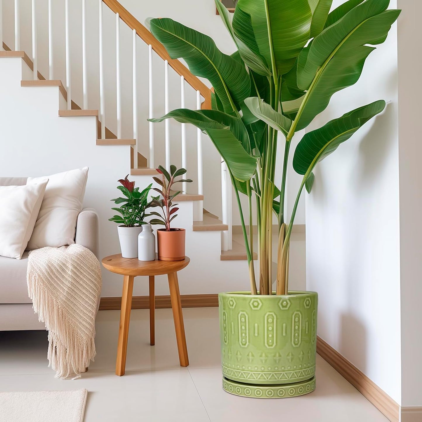 Ceramic Planter - 12 Inch Pots for Plants Indoor Outdoor, Round Large Flower Pots with Drainage Hole and Saucer, Decorative Boho Planter, Home Office Decor, Plant Lover Gifts, Green