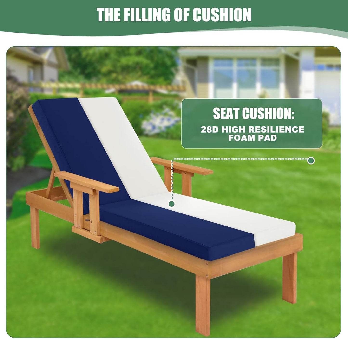 Chaise Lounge Cushions Outdoor - Waterproof and Fade Resistant Sun Lounger Replacement Cushions - Patio Lounger Pads with Removable Cover for Pool, Deck, Lawn, 72 x 21 x 3 Inch, Navy