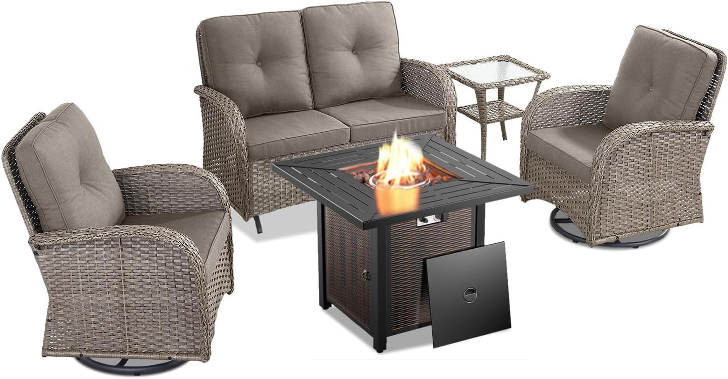 5 Pieces Outdoor Patio Furniture Set with 50000 BTU Propane Fire Pit Table, Deep Seating Wicker Swivel Rocker Chairs and Loveseat Glider Patio Conversation Set for Deck Poolside Backyard