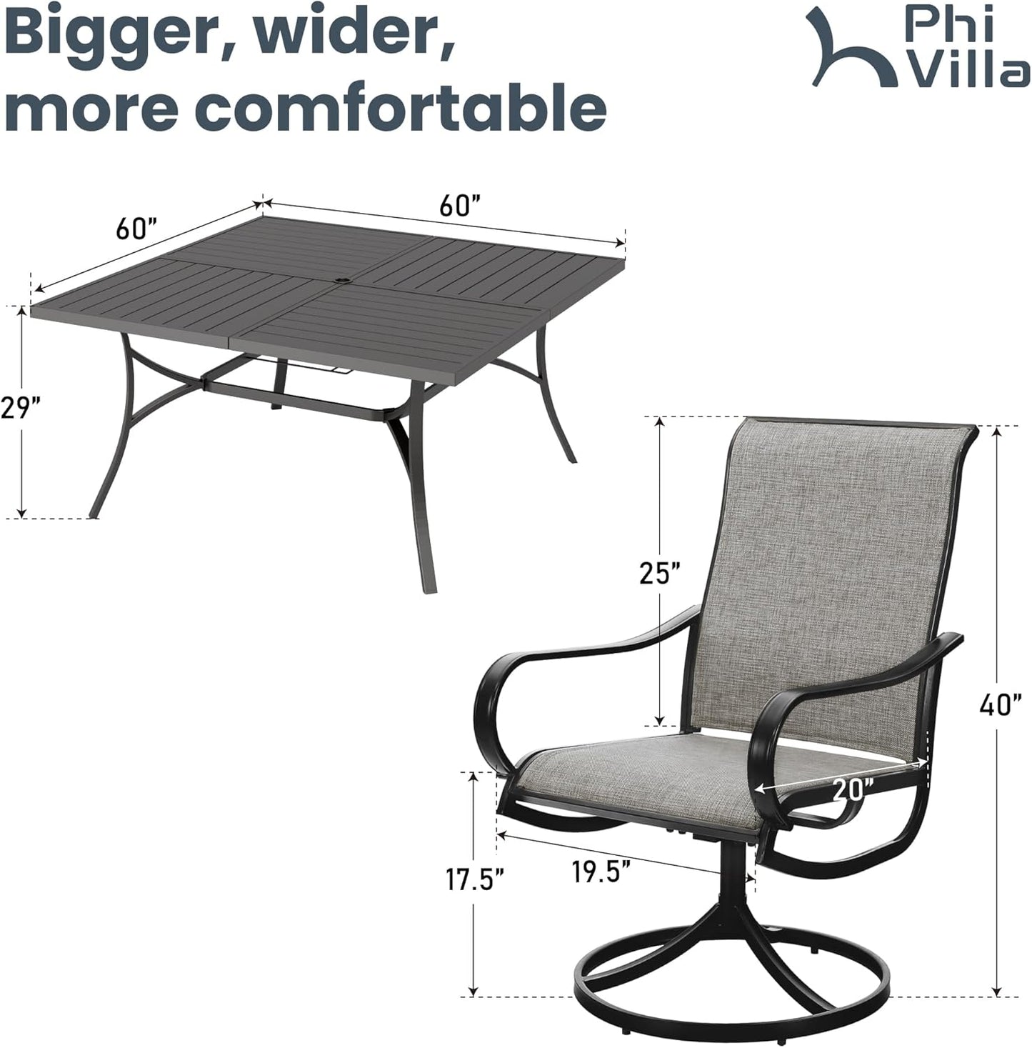 PHI VILLA 9 Pcs Patio Dining Set with Large Square Metal Dining Table & 8 Outdoor Textilene Fabric Swivel Dining Chairs, Outside Table Chair Furniture Dining Set for 8 Person