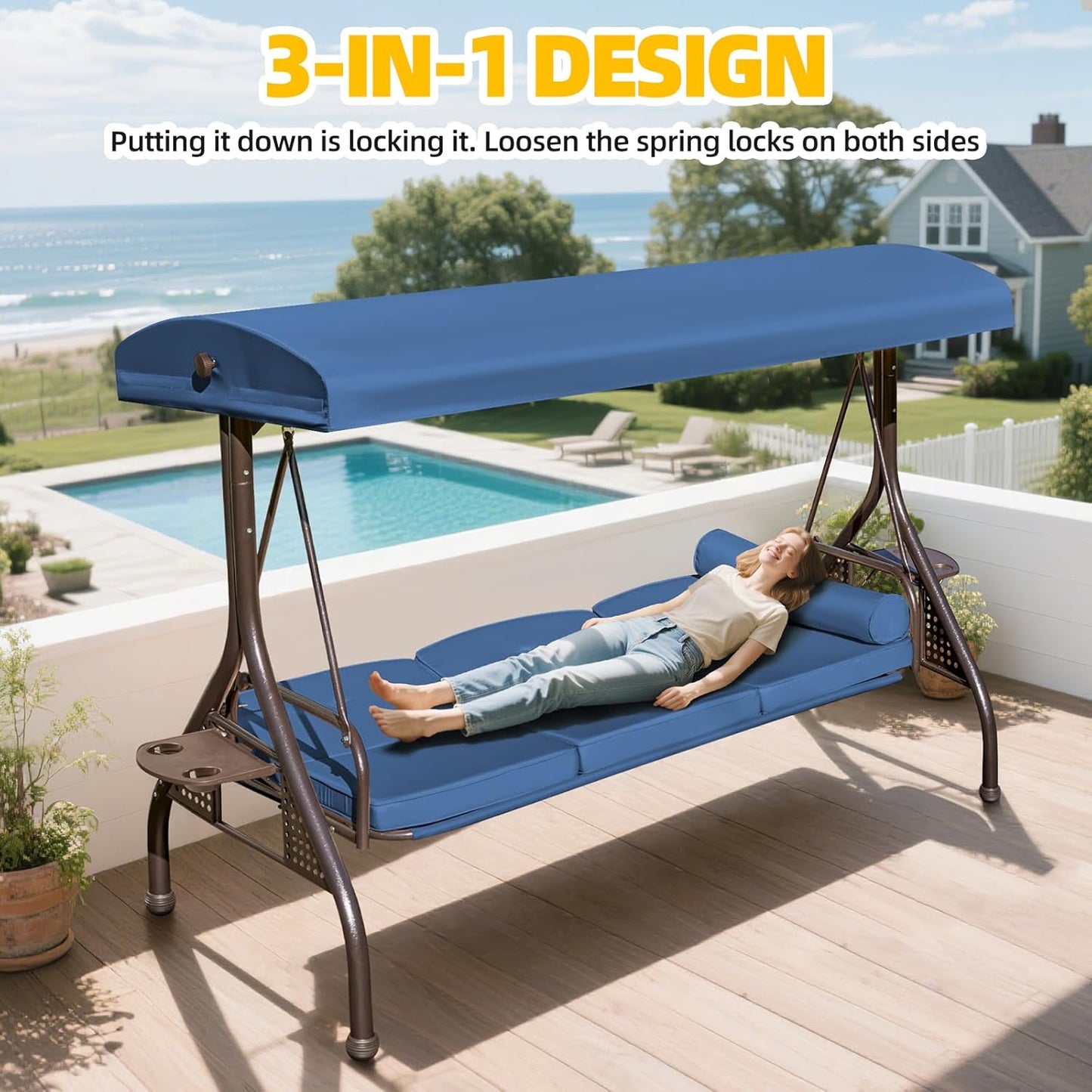 3-seat Patio Swing with Canopy,Convertible Outdoor Swing Bed with Thick Cushions, Pillows & Cup Holders, 3-Seat Outdoor Swings Chair for Backyard, Garden, Deck(Blue)