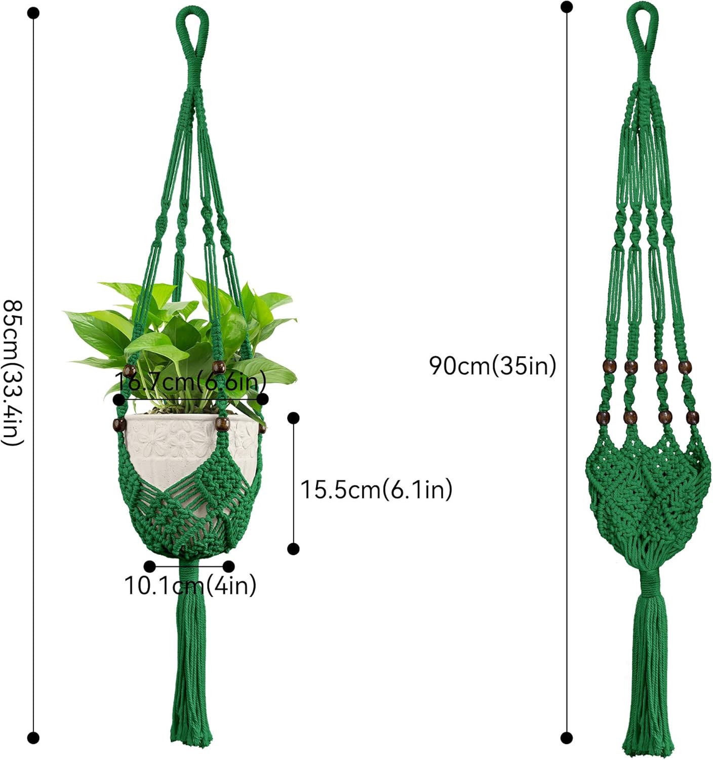 USLAI Macrame Handmade Basket Plant Hanger (2-Pack), for 3-8 Inch Pots, Indoor Outdoor Strong Hanging Planter Flower Pot Holder with Beads and Tassels, Boho Home Decor (POTS NOT Included) (Green)