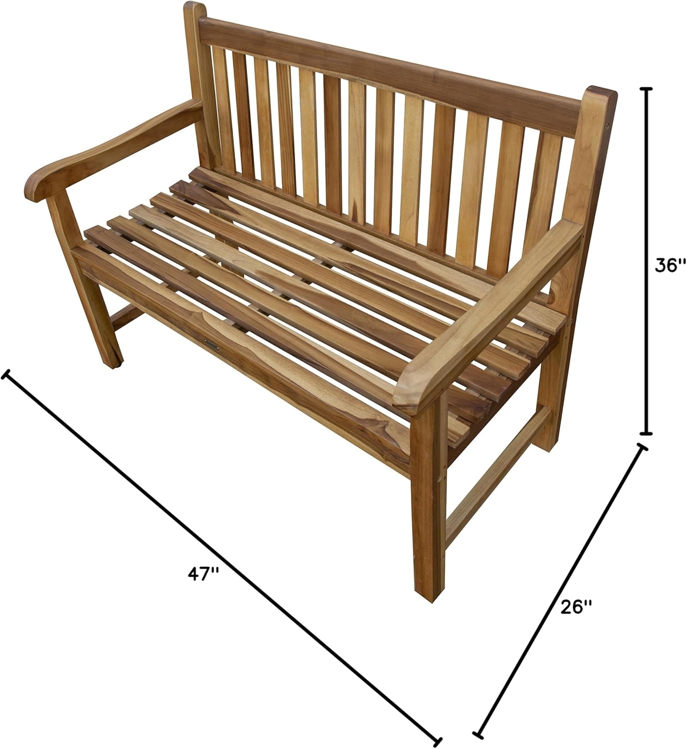 EcoDecors Hampstead 51 inch Heath Outdoor Bench Teak Wood Garden Bench for Patio with Armrests and Backrest for Indoor Use and Outdoor, in Natural Color
