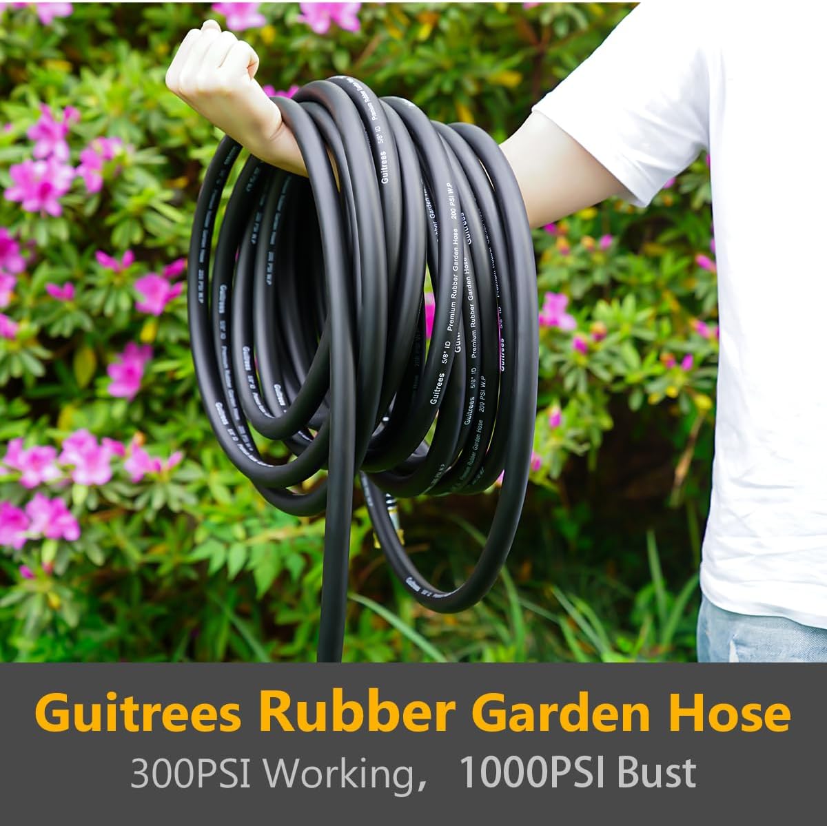 100FT 5/8 Heavy Duty Rubber Garden Hose - 200psi Working, 1000psi Burst - Hot/Cold Water - Five-Layered Braiding for Durability - Versatile for Gardening, Agriculture, Construction(Black)