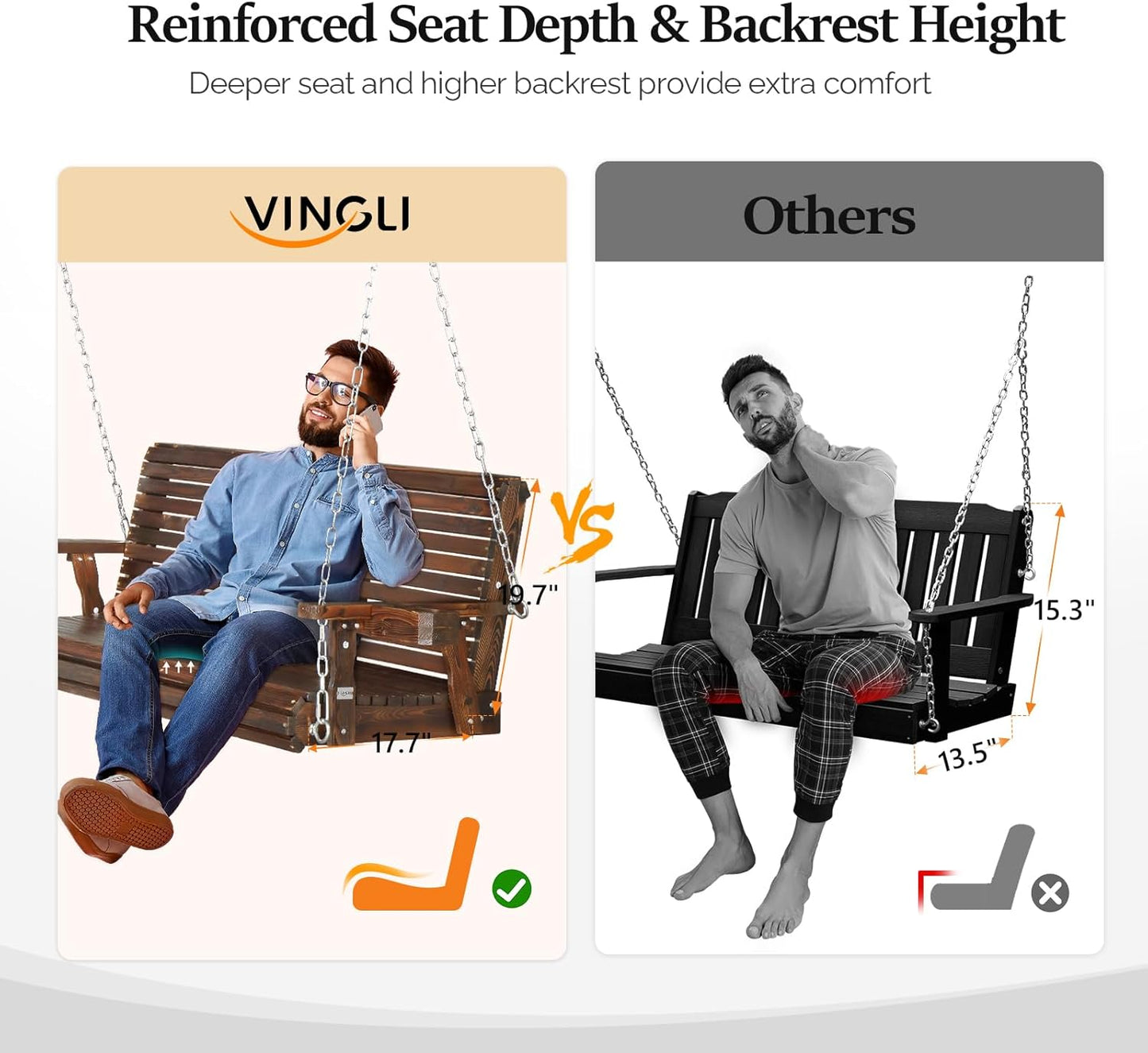 VINGLI XL Size Patio Wooden Porch Swing Outdoor with Cup Holders & Phone Slots, Heavy Duty 880 LBS Hanging Swing Chair Bench with Hanging Chains for Yard, Lawn, Garden (5 FT Pro, Rustic)