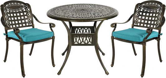 MEETWARM 3 Piece Patio Bistro Set, Outdoor All-Weather Cast Aluminum Dining Furniture Set Includes 2 Chairs with Cushions and a 35.4” Round Table with Umbrella Hole for Garden Deck, Ocean Blue