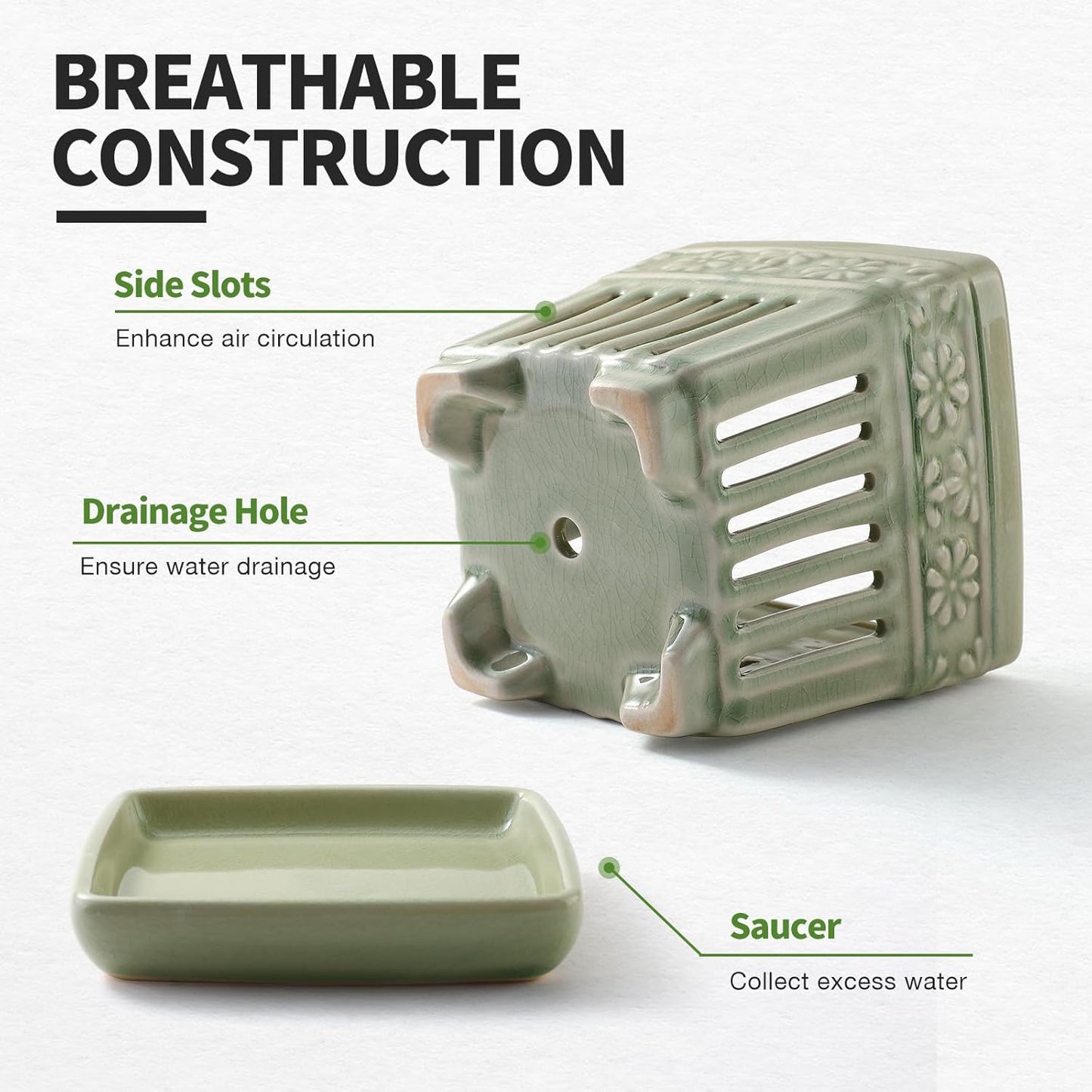 Orchid Pots with Holes | 5" Ceramic Orchid Planter with Separate Saucer and Drainage Holes | Glazed Pottery Small Flower Pot for Repotting Orchids(Green)