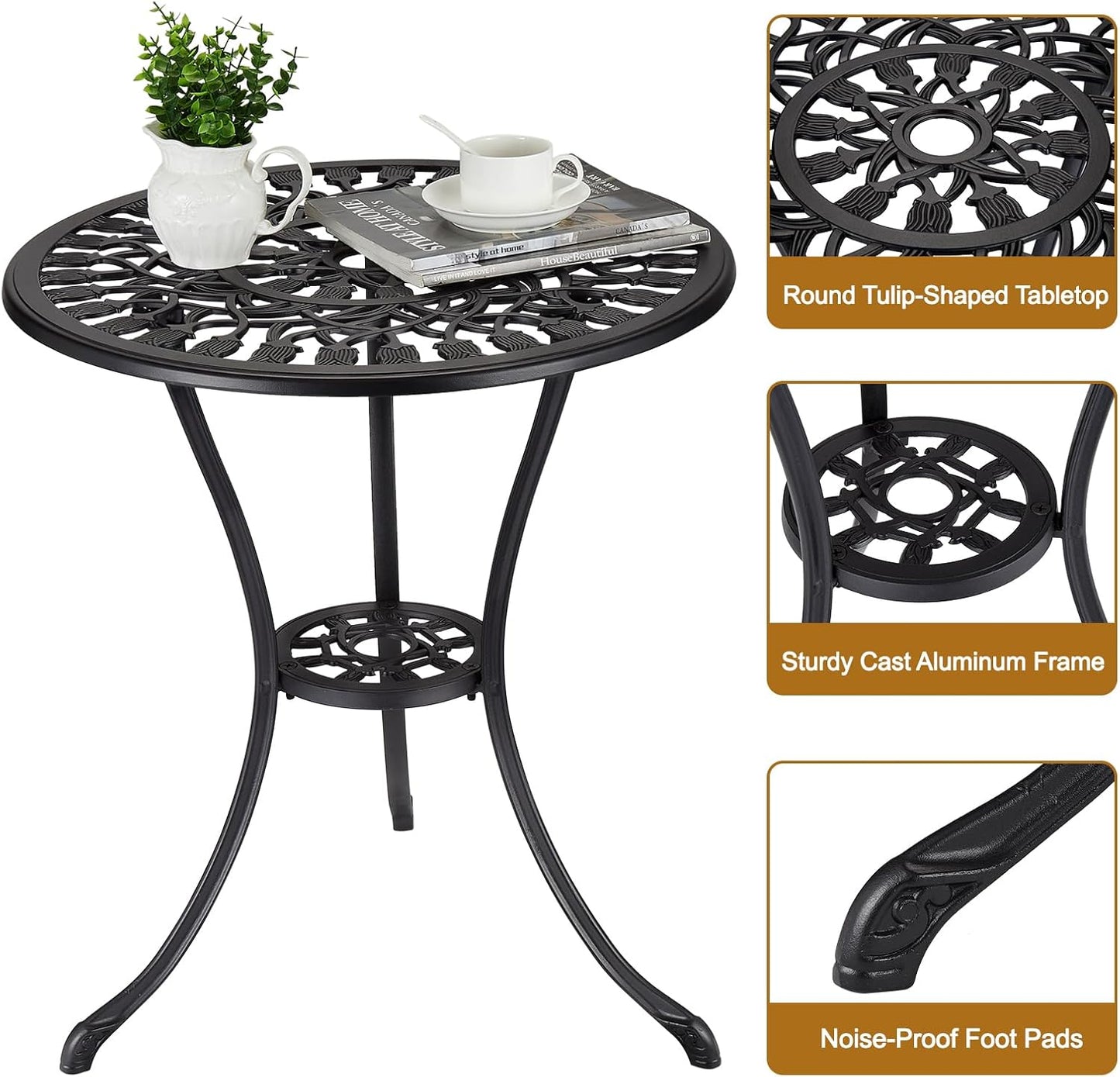 24" Outdoor Round Patio Bistro Table, Cast Aluminum Outdoor Cafe Table with 2 inch Umbrella Hole for Porch,Backyard,Garden, Tulip Pattern, Black