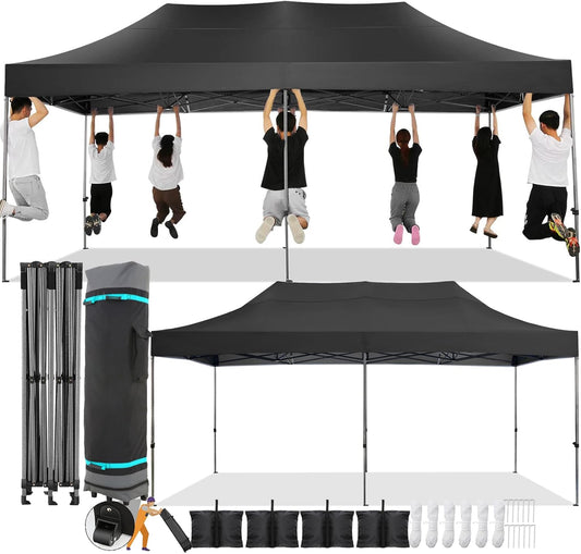 COBIZI 10x20 Pop Up Canopy Without Sidewall,Heavy Duty Canopy UPF 50+ All Season Wind Waterproof Commercial Outdoor Wedding Party Tents for Parties Canopy Gazebo with Roller Bag(10 x 20 ft Black)