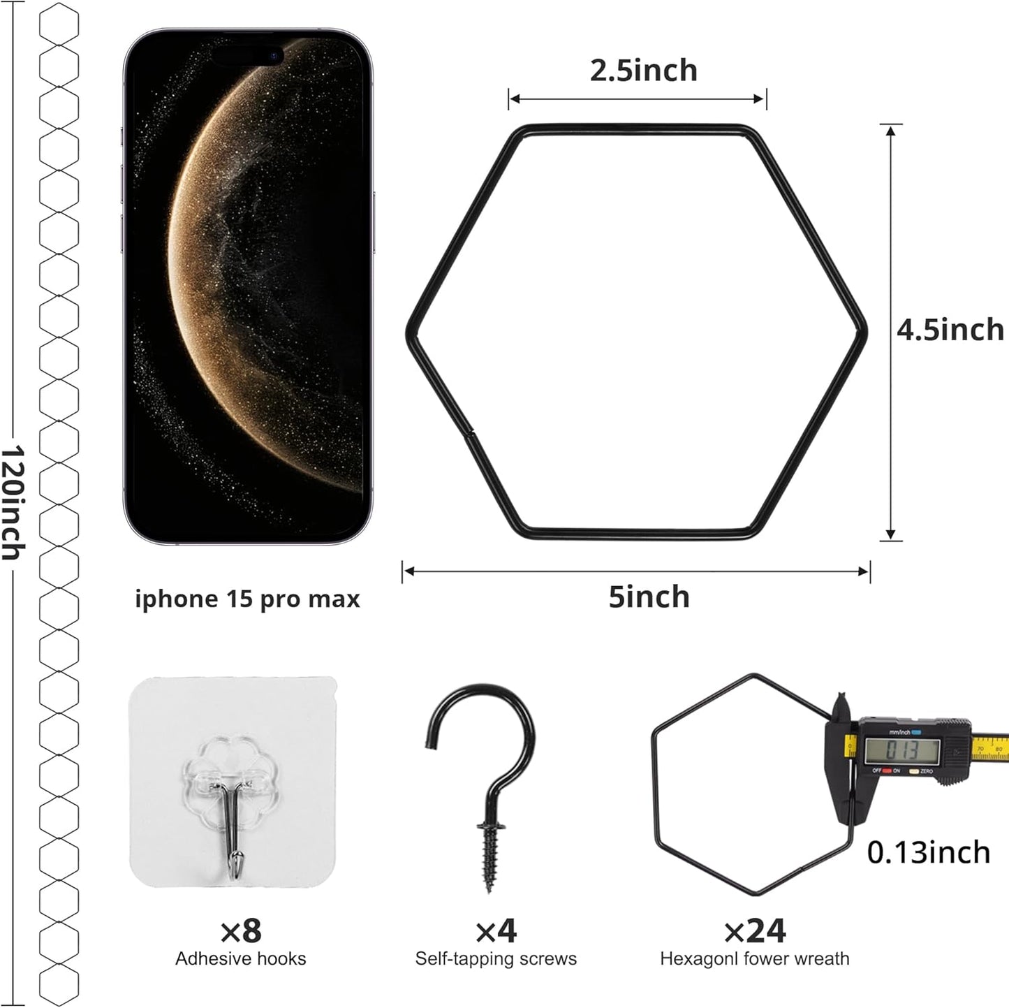 24 Pcs Chain Trellis for Climbing Plants, 120 Inch Long Metal Plant Trellis Indoor Outdoor, Garden Wall Vine Support Trellis, Plant Accessories for Ivy, Peonies, Hexagonal Design Black