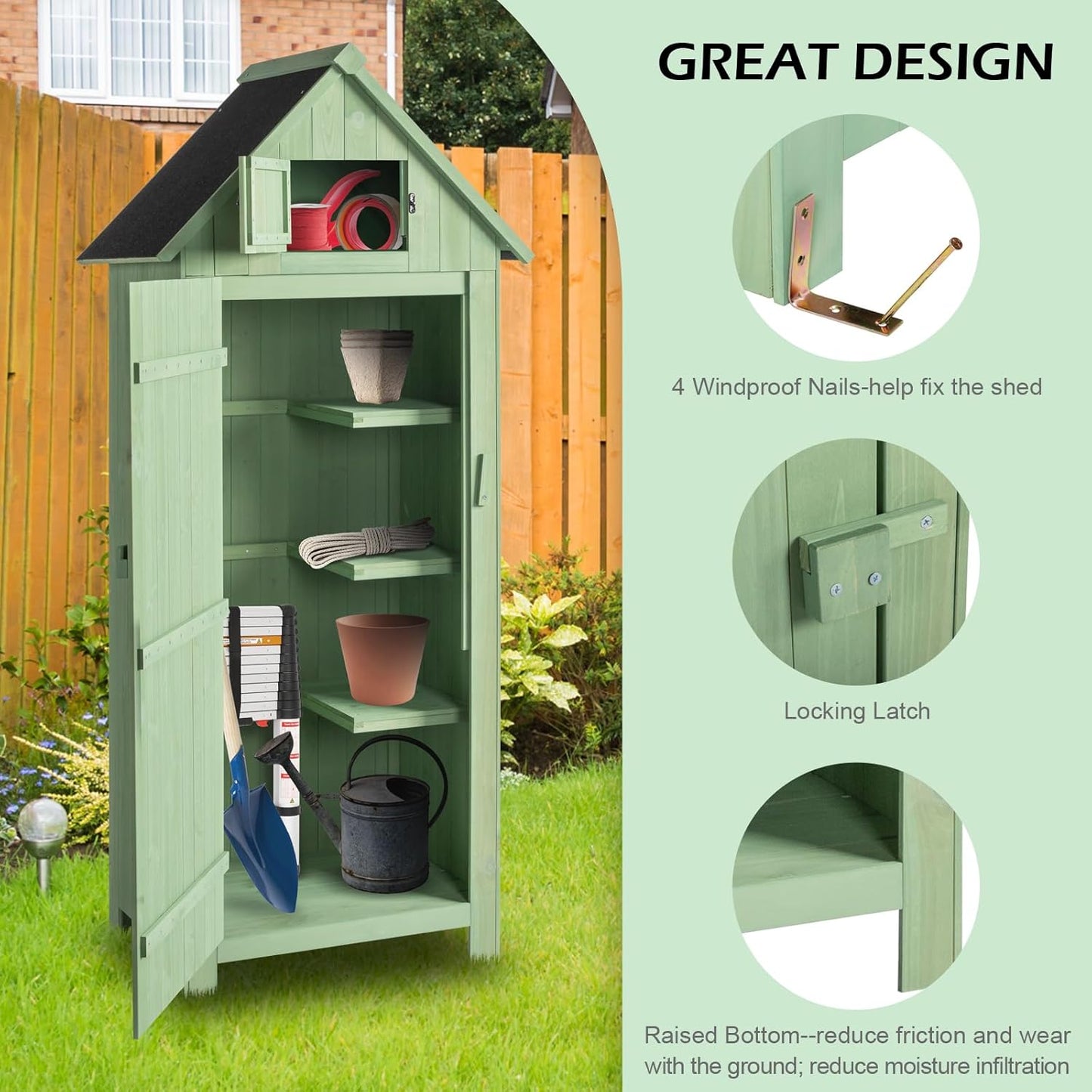 Outvita Outdoor Storage Cabinet, 70in Wooden Vertical Garden Tools Shed, Patio Storage Organizer with Latch & Waterproof Roof for Yard Deck Lawn Farmland Equipment(Green)