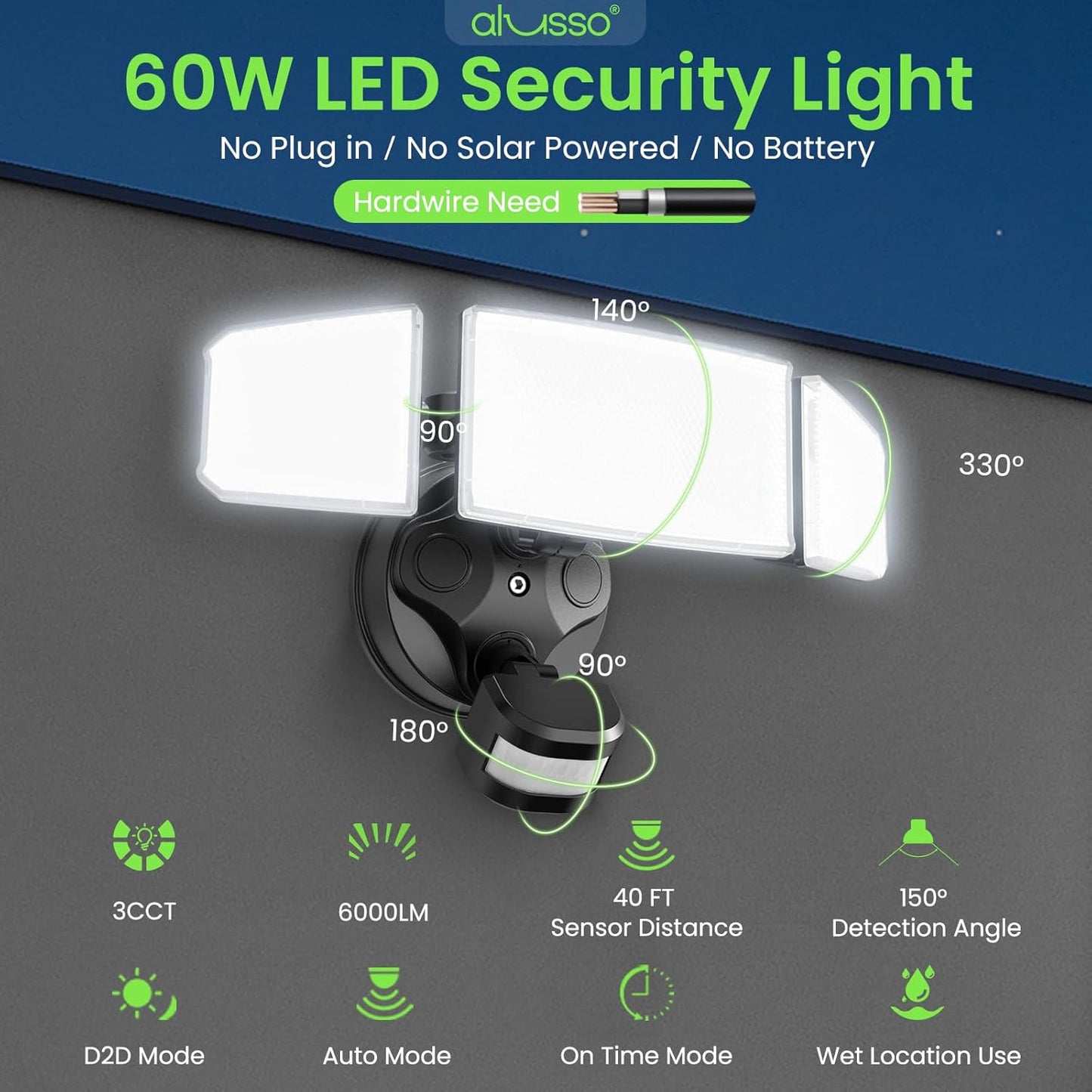 ALUSSO® LED Security Lights Motion Sensor, 60W 6000LM 3 Modes Flood Lights Outdoor Motion Sensor, 3CCT 3 Heads Outdoor Security Light Wet Location Use for House Garage Yard Walkway Black