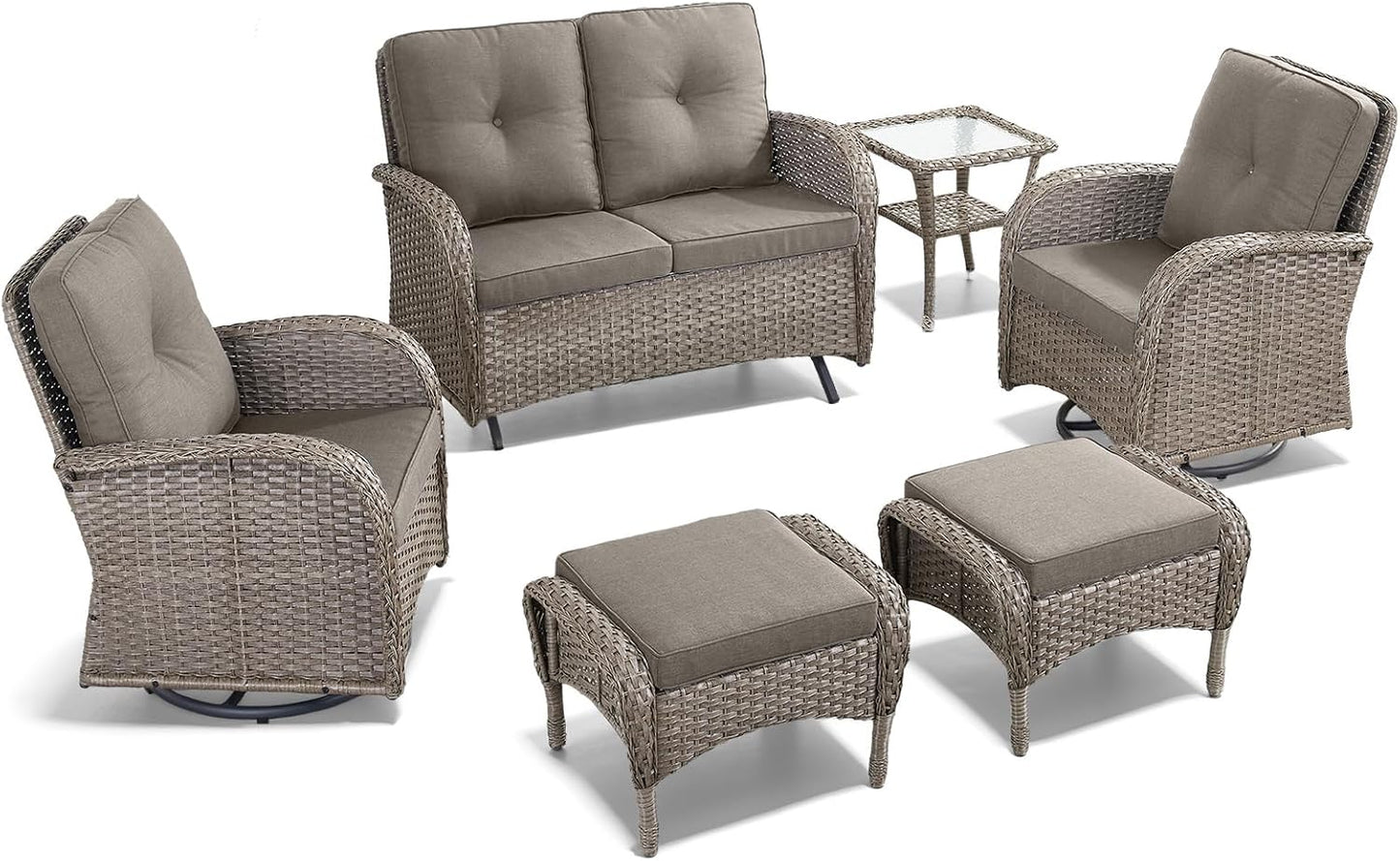 HUMMUH 6 Pieces Patio Furniture Set-Patio Glider Loveseat with Rattan Outdoor Swivel Chairs Outdoor Conversation Furniture Sets for Deck Lawn Porch Balcony Poolside-Grey/Grey