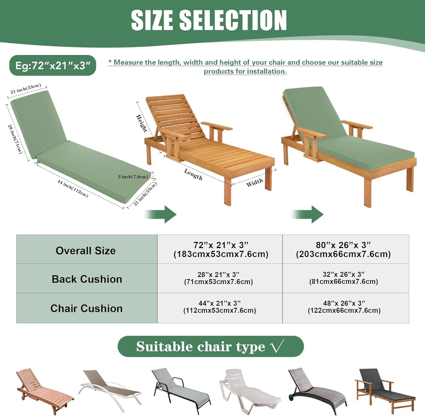 Chaise Lounge Cushions Outdoor Set of 2 - Waterproof and Fade Resistant Sun Lounger Replacement Cushions - Patio Lounger Pads with Removable Cover for Pool, Deck, 72 x 21 x 3 Inch, Sage Green