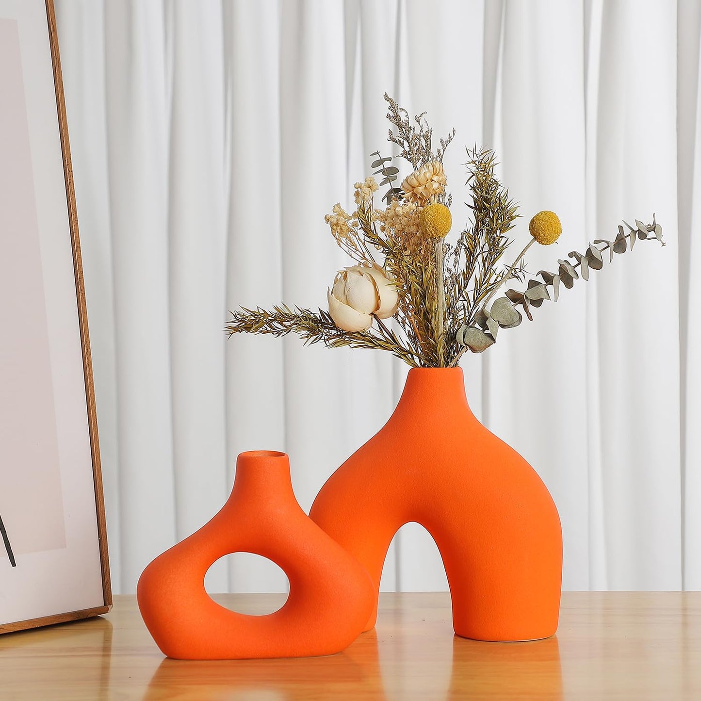 CEMABT Orange Ceramic Vase Set of 2 for Modern Minimalist Bohemian Decor，Round Matte Donut Vases for Pampas Grass-Perfect for Living Room, Dining Table, Office Bedroom Shelf Decor Entryway, Console