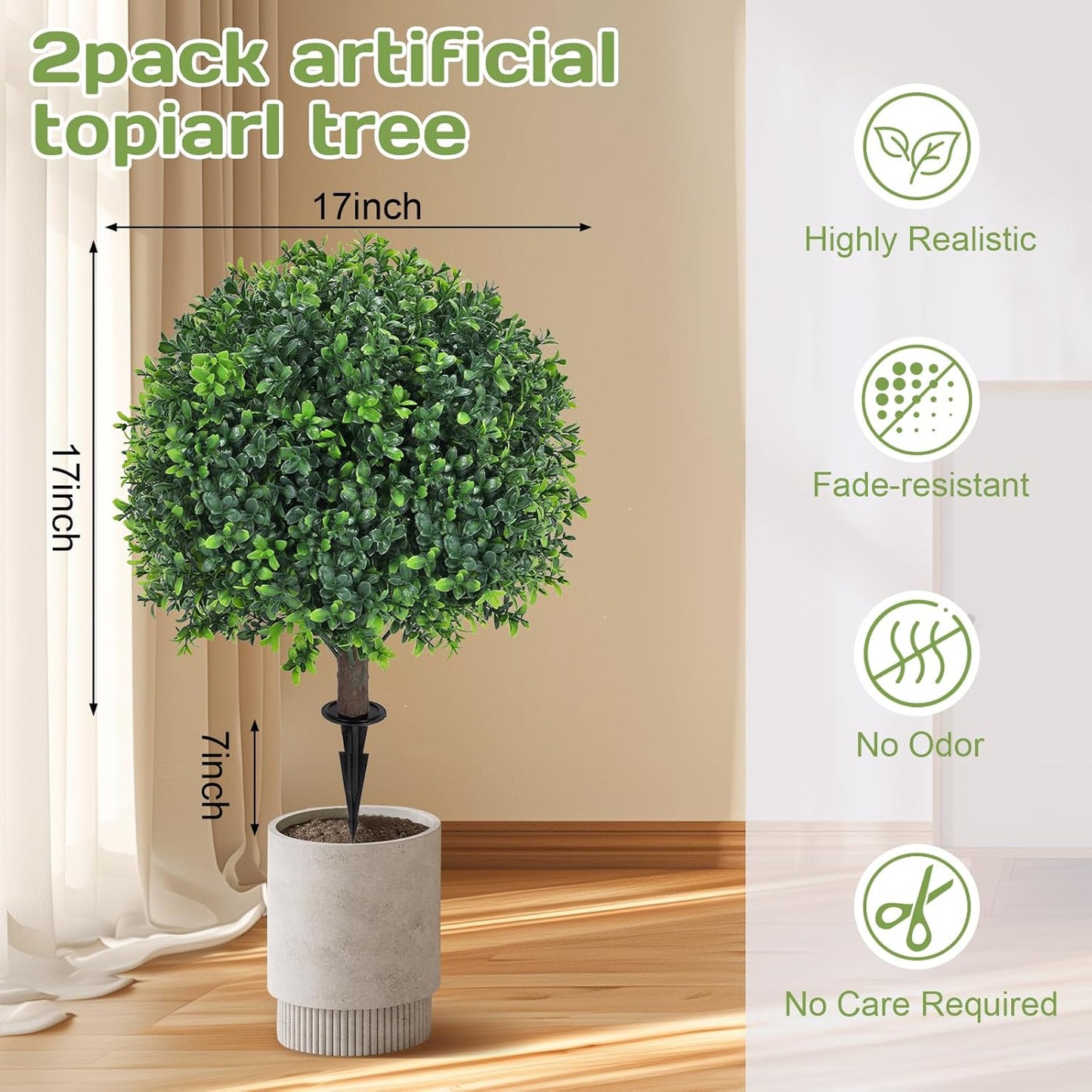 Artificial Boxwood Topiary Ball Tree 24" with Ground Spike, Set of 2 Artificial Boxwood Bushes for Faux Shrubs, Fake Evergreen Faux Plant for Indoor Outdoor Porch Garden- UV Resistant – Fade-Proof