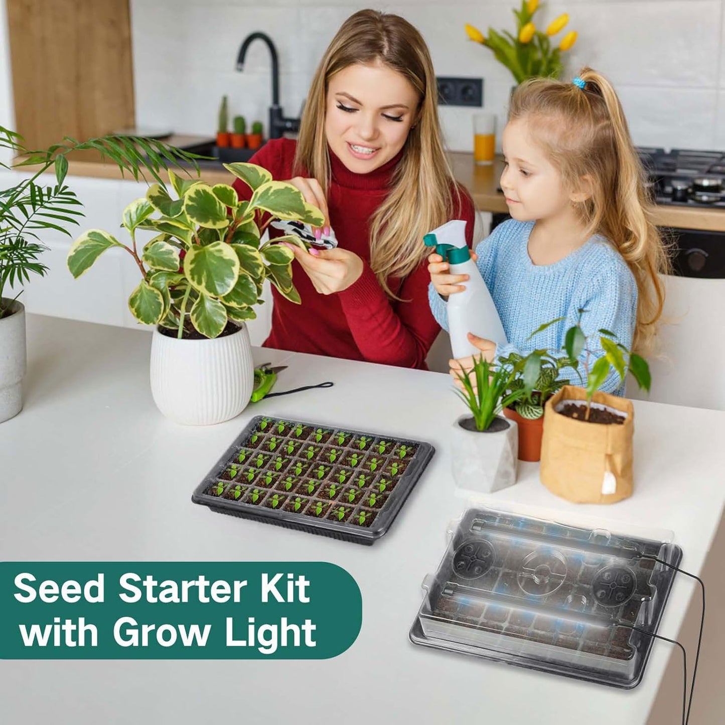 Seed Starter Tray with Grow Light, 2 Packs 80 Cells Seed Starting Kit, Reusable Seedling Starter Trays with Humidity Dome, Plant Germination Trays for Indoor Seed Starter Kit, Black