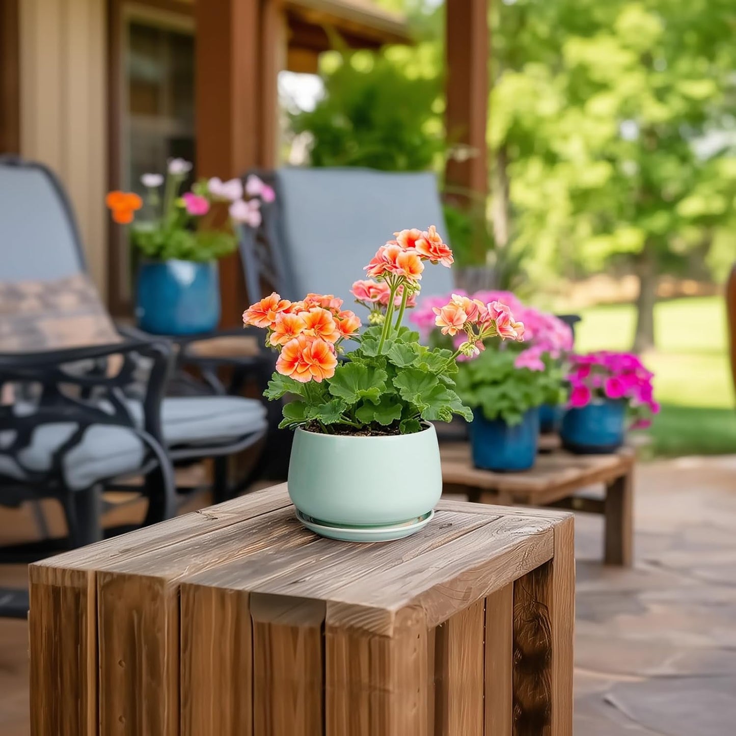 G EPGardening Ceramic Plants Pots - 4 inch Plant Pots Indoor Outdoor, Small Succulent Planter with Drainage Hole & Tray, Modern Flower Pot, Round Decorative Planters, Office Decor, Garden Gift, Green